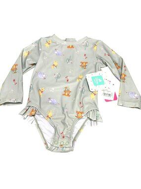Disney Baby Long Sleeve UPF 50+ Swimsuit 12M Green Floral Print One Piece New